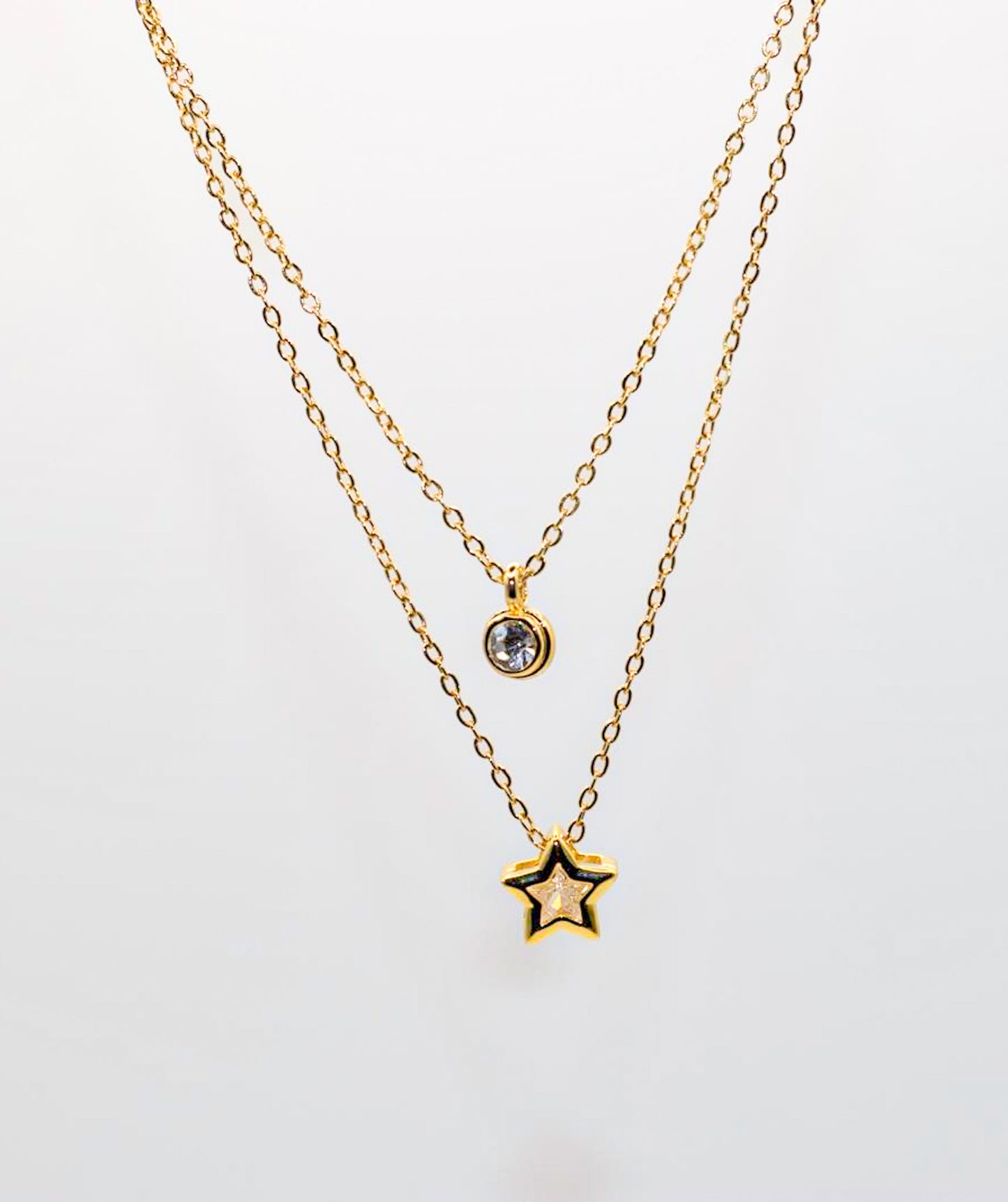 Stella Layered Star Necklace – Gold Plated Double Chain with Crystal Pendant