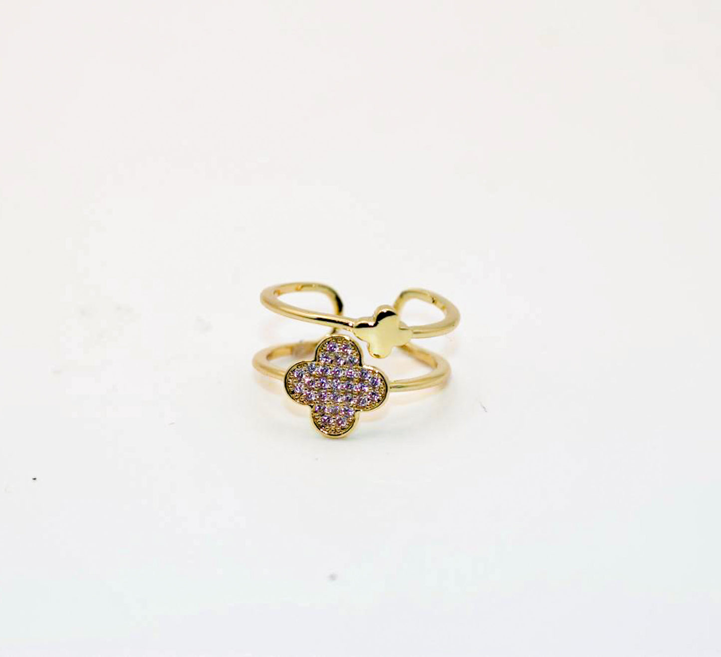 Fortuna Clover Adjustable Ring – Gold Plated Crystal Band