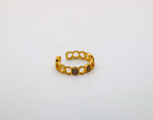 HoneyLux Hexagon Adjustable Ring – Gold Plated Geometric Crystal Band