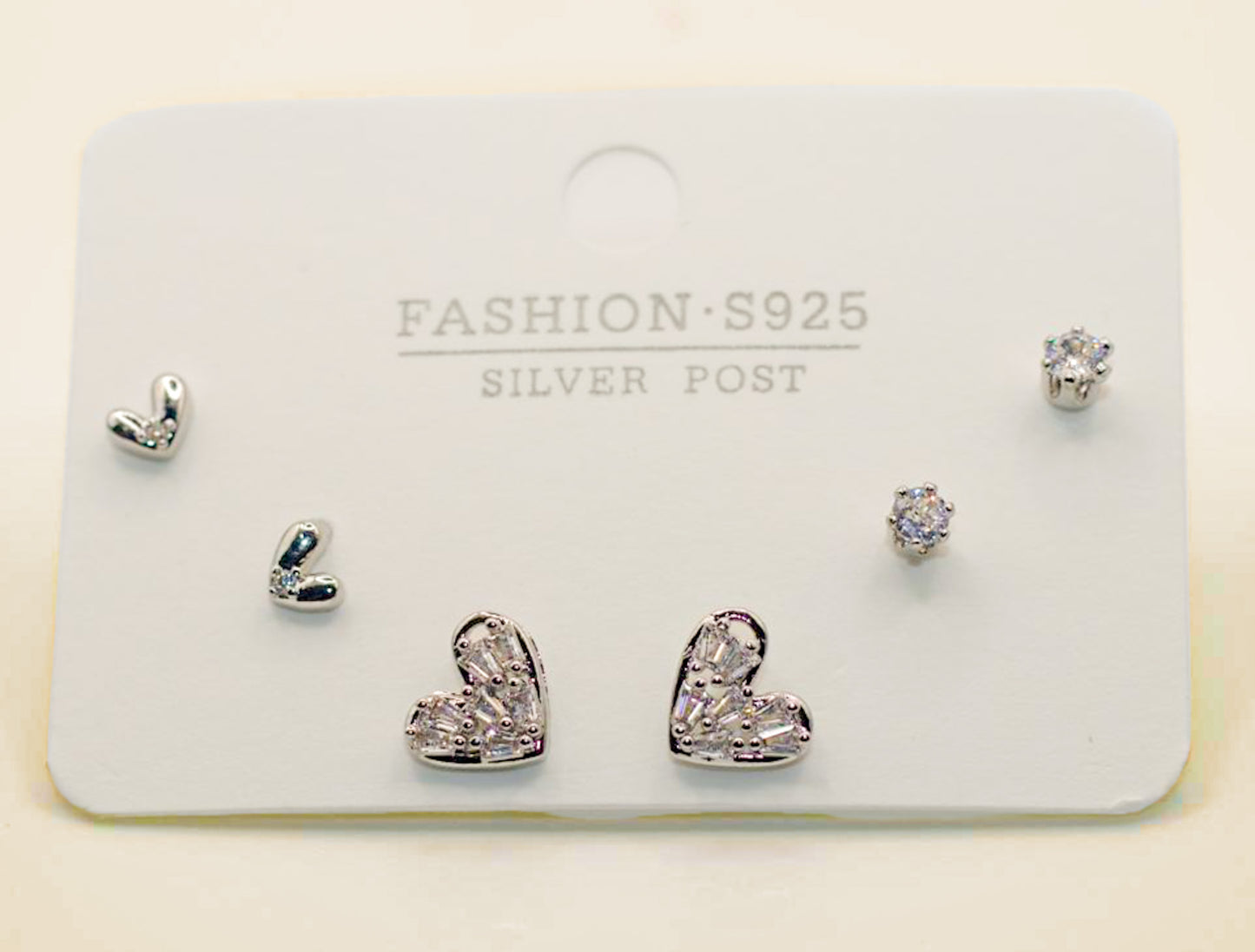 Silver Heart Trio Stud Set – 3-Pair Minimal Crystal Earring Pack (S925 Silver Post)