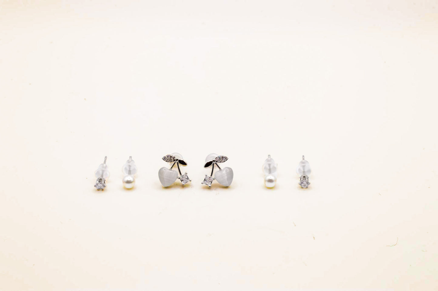 Silver Cherry Heart Trio Stud Set – 3-Pair Crystal & Pearl Earring Pack