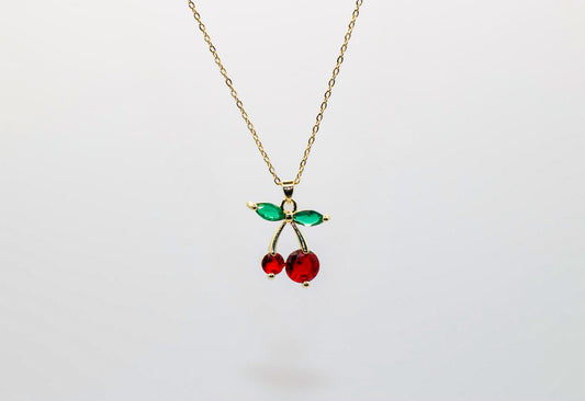 Cherry Bliss Pendant Necklace – Gold Plated Cute Crystal Chain